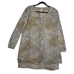 Chicos Size 2 US L 12 14 Long Leopard Print Top Tunic V Neck Lightweight Breezy
